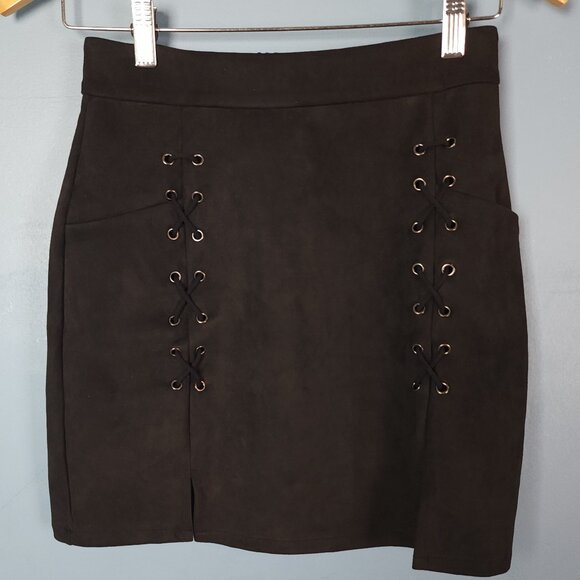 Mini Faux Suede High Waist Lace Up Pencil Skirt Sz M - Picture 6 of 9